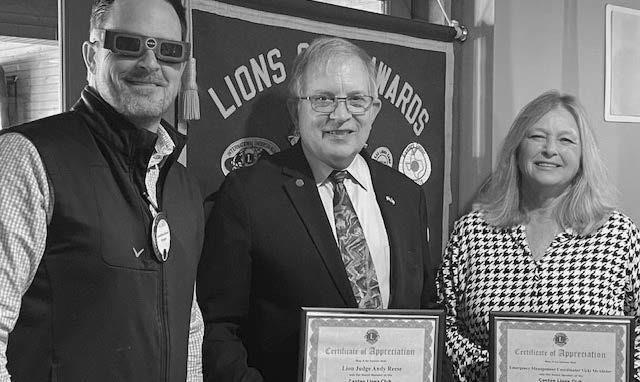 Canton Lions Club First Vice-President Jonathan Helvey, far left, shows off his Solar Eclipse glasses as he presented a ‘Certificate of Appreciation’ to guest speakers, Van Zandt County Judge Andy Reese and VZC Emergency Management Coordinator Vicki McAlister. Courtesy photo