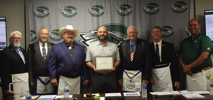 The Canton Masonic Lodge recognized 2023-24 Canton ISD Teacher of the Year Landry Watters as he was presented with the Lamar Award July 22 during the regular monthly meeting of the Canton School Board. Photos by Susan Harris