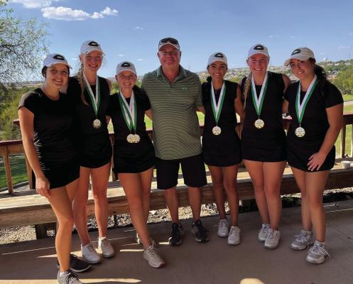 The Canton Eaglettes’ golf team finished in first place Sept. 26 at the Whitestone Invitational. Team members are left to right, Casey White, Caroline Stern, Taryn Clayton, Coach Tommy Day, Bella Irwin, Jessica Lea, and Jayme Robertson. Courtesy photo