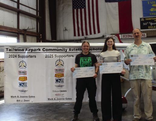 Scholarship winners announced at the Tailwind Airpark Community Aviation Scholarship (TACAS) Awards Ceremony included Ronald Buie, Katherine Burns, and Elizabeth Loghry. Not pictured were Hudson Barron and Zachary Eiselt. Each of the winners were also awarded a $5,000 scholarship to be used for flight training. Photo by Susan Harris