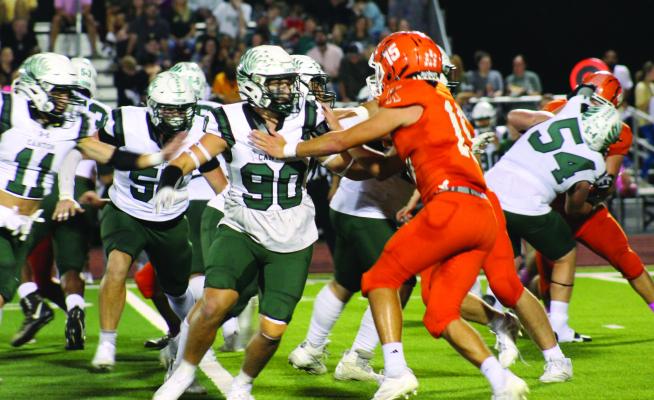 The Canton Eagle defense continued its impressive season performance as they registered their third shutout of the 2024 campaign Oct. 11 with a 52-0 victory over the Kemp Yellowjackets in the District 6-4A, Division 2, opener at Kemp. The Eagles remain undefeated as they will host their Van Zandt County rival, the Wills Point Tigers, in a 7 p.m. kickoff Friday, Oct. 18 at Norris Birdwell Stadium. Photo by Carla Gray