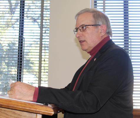 Van Zandt County Courthouse Facilities Coordinator and new VZC Judge Andy Reese presented an update on flood repairs at the VZC District Courtroom during a special called commissioners’ court meeting Dec. 27. Photo by David Barber