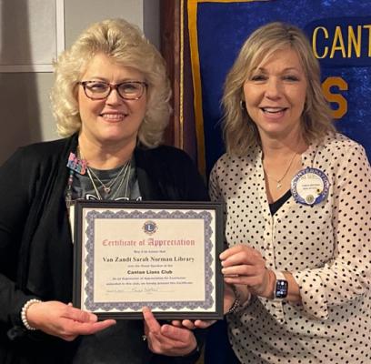 Tonja Garten, Director of the Van Zandt County Library spoke and accepted a Certificate of Appreciation at the Canton Lions Club meeting this month. Courtesy photo