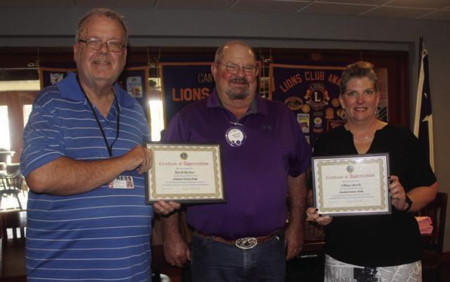 Canton Lions Club Second Vice-President Sandy Sims, middle, presented ‘Certificates of Appreciation’ to Van Zandt Newspapers L.L.C. General Manager Tiffany Hardy and Senior Reporter David Barber Oct. 4. Photo by Susan Harris