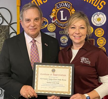 Van Zandt County Judgeelect Andy Reese served as the featured speaker at the Canton Lions Club Dec. 7 meeting. Courtesy photo