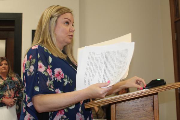Christy Beckham, a Van Zandt County citizen, shared her views on the potential purchase of the Paul Michael building in Canton during the ‘public comments’ portion of the VZC Commissioners Court regular meeting April 23. Photo by David Barber