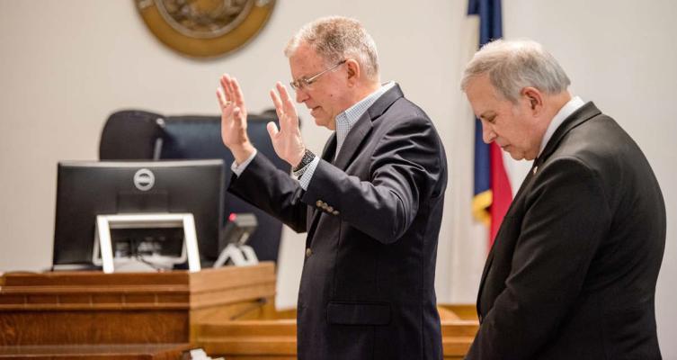Victory Church Pastor Mike Burns of Canton welcomed those in attendance on May 4 for the 2023 National Day of Prayer program held in the Van Zandt County Court at Law Courtroom inside the Van Zandt County Courthouse. Photo by Faith Caughron