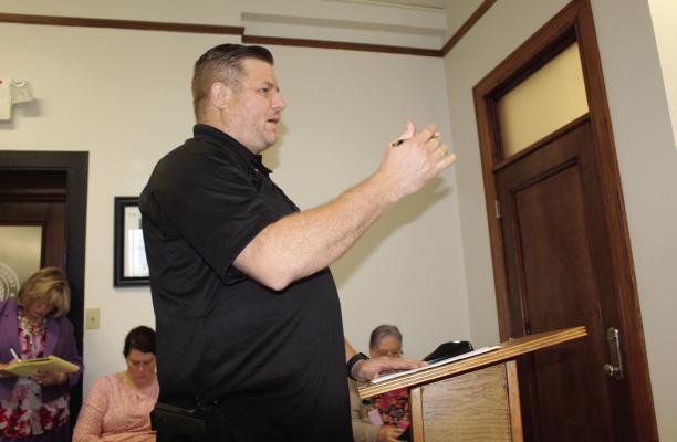 Van Zandt County Fire Marshal Kevin Palmer discussed the proposed new Salvage and Wrecking Yard Ordinance for VZC during the Sept. 10 regular meeting of the VZC Commissioners Court. Following Palmer’s presentation, the commissioners’ court unanimously approved the new ordinance. Photo by David Barber