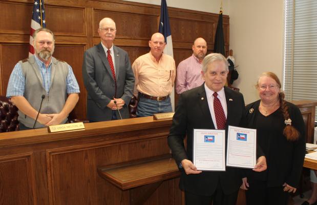 Two proclamations received unanimous approval March 15 during the regular meeting of the Van Zandt County Commissioners Court. The proclamations were in recognition of ‘The 175th Anniversary of VZC,’ and ‘Citizen of the Republic of Texas Elvira Engledow Day.’ Both days will be celebrated on Saturday, March 25. Photo by David Barber