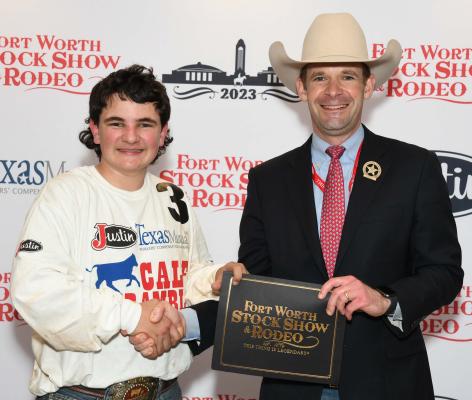 Canton FFA member Gabe Beverly won a $500 purchase certificate for a show heifer and the opportunity to earn up to $16,000 in scholarship awards by catching a calf during the Fort Worth Stock Show and Rodeo’s Calf Scramble Jan. 21. Courtesy photo