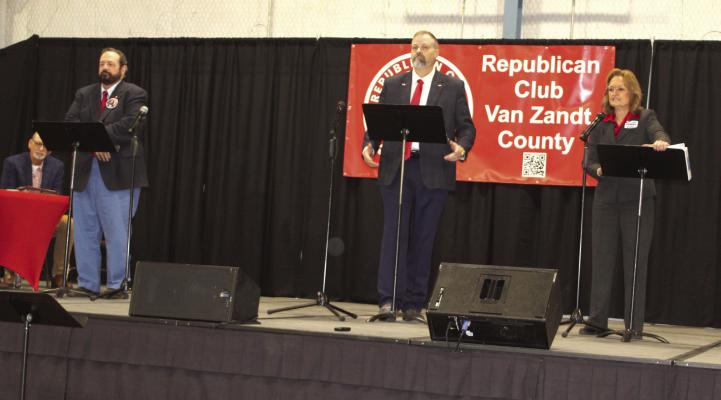 Republican Party candidates seeking the office of Van Zandt County Criminal District Attorney participated in a recent Candidate Debate Forum hosted by the Republican Club of VZC. The candidates were left to right, Joseph Secola, Richard Schmidte, and incumbent Tonda Curry. Early Voting begins Feb. 17 for the March 3 Primary Election. Photo by David Barber