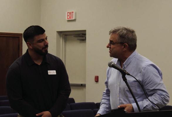 Canton Assistant City Manager Steve Ruppenthal, right, welcomed Oncor Customer Service Executive Associate Uriel de la Fuente March 18 to the regular monthly meeting of the Canton City Council. Photo by Susan Harris