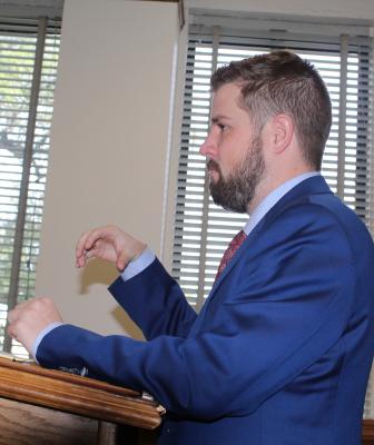 Attorney Zach Hobbs of the Elliott Law Firm in Canton, representing the Ben Wheeler Fire Department Board of Directors, visited with the Van Zandt County Commissioners Court Dec. 21 to discuss a request for reinstatement of funding from VZC to the Ben Wheeler Fire Department. In a 3-2 vote, the commissioners’ court denied the request. Photo by David Barber