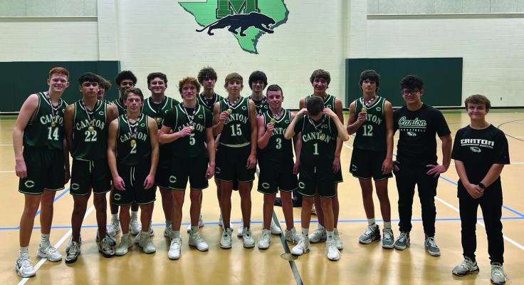 The Canton Eagle freshmen boys’ basketball team captured first place in the Mabank Freshmen Tournament Dec. 2. The Eagles defeated Kilgore, 31-25; Brownsboro, 30-18; and Van, 55-22, to claim the tournament championship. The Eagle freshmen team traveled to Caddo Mills Dec. 5 and will compete in the Van Freshmen Tournament Dec. 7-9. Courtesy photo