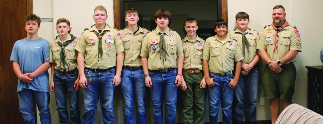 Members of Canton Boys Scout Troop 378 led in the Pledge of Allegiance at the beginning of the regular monthly meeting of the Canton City Council April 16. Representing the organization were left to right, A.J. Bogges, Preston Westerbery, Cash McKinley, Lane Burkes, Rhet Griffin, Brady Little, Oliver Pates, Jonas Lynd, and Scoutmaster John Burkes. Photo by Susan Harris