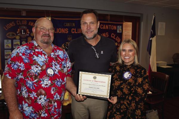 Following his presentation at the weekly Canton Lions Club Luncheon Sept. 3, Canton Attorney Joel Elliott, middle, was presented a ‘Certificate of Appreciation’ by Canton Lions Club President Sandy Sims, far left, and Canton Lions Club Member Lace Deibert. Photo by David Barber