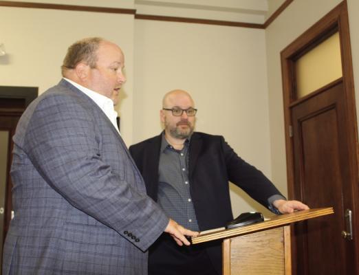Forney attorneys Scott Gray, left, and Robert Guest spoke during a workshop meeting on the topic of rental properties during the regular meeting of the Van Zandt County Commissioners Court July 1. No action was taken by the commissioners’ court following the workshop item. Photo by David Barber