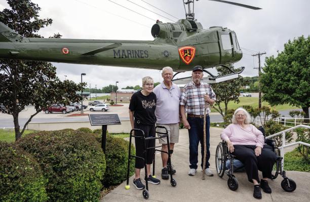 Several members of the Virgil Melton Jr. family were in attendance April 11 for the dedication ceremony of a United States Marine helicopter to honor the memory of Melton. Family members in attendance included left to right, Janice Melton, widow; Rand and Tony, brothers; and Carolynn, sister. The ceremony was held at the Van Zandt County Veterans Memorial in Canton. Photo by Faith Caughron