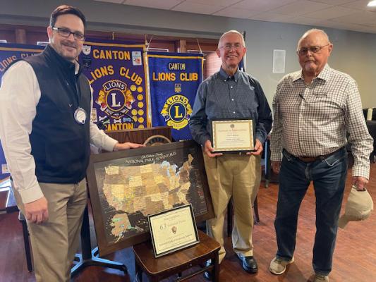 Max Callahan, middle, received a ‘Certificate of Appreciation’ from the Canton Lions Club as he was the guest speaker during the club’s Nov. 13 luncheon at the Van Zandt Country Club. Standing with Callahan were left to right, Canton Lions Club President Jonathan Helvey and Canton Lions Club member Bob Giles. Courtesy photo