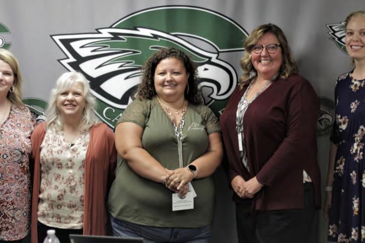 Five staff members, Kassie Todd, Susie Dorman, Kristen Fitzgerald, Kristi Carter, and Jilian Brown, were honored during the Teacher of the Month ceremony at the September Board of Trustees meeting. Photo by Ethan Adams