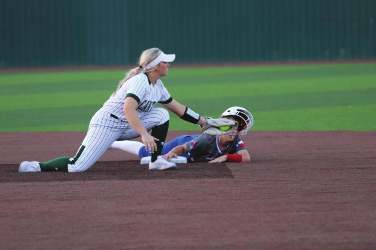 Maddie Wilson applies a tag to a Bullard baserunner during Regional Quarterfinal play in Grand Saline last week. Photo by Lianna Reid