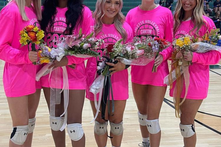Eaglette seniors, including Morgan Dunn, Airianna Pickens, Maddie Wilson, Emma Welty and Josie Krawietz, were recognized prior to the team’s three-set sweep over visiting Cumberland Academy Oct. 18. Courtesy photo