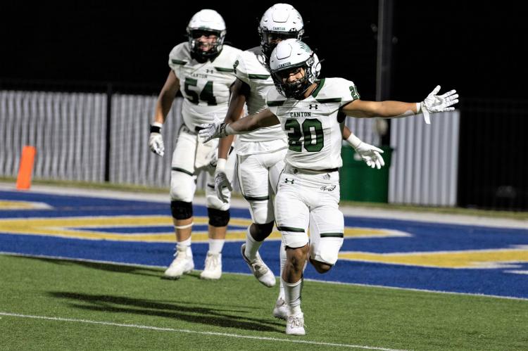 Colin Campuzano celebrates after scoring on a 50-yard rushing touchdown in the second quarter of Canton’s win over Brownsboro Photo by Canton ISD Yearbook Staff
