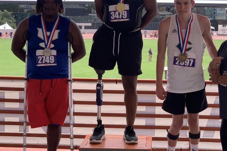 Jaxson Hubble, far right, capped his freshman season by placing third overall in the seated shot put at the Class 4A State Track and Field Meet at Myers Stadium in Austin. Courtesy photo