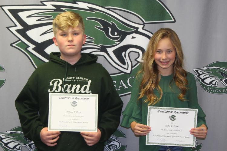 Canton Junior High School sixth grade students William Drew and Aisley Liptak led in the invocation and the Pledge of Allegiance to the U.S. and Texas flags at the beginning of the Canton School Board’s regular monthly meeting Dec. 12.