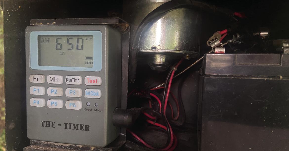 A quality timer is a must on any game feeder. With the invention of ‘The Timer’ pictured here, the guesswork of ‘when’ a feeder throws corn was solved. Photo by Luke Clayton