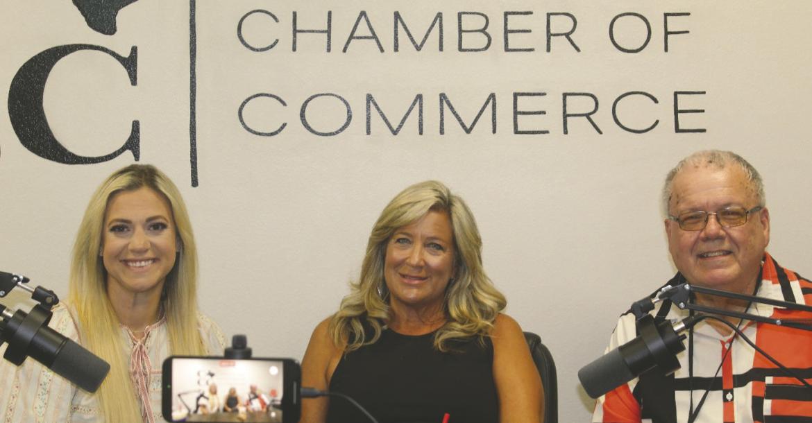 Photo by Danica Harris ‘Mic’D Up on Main Street,’presented by the Canton Texas Chamber of Commerce, featured representatives from Van Zandt Newspapers LLC, publishers of the Canton Herald and the Van Zandt News. Interviewed on the July 8 podcast program were Karla Dunson, Advertising Manager, middle, and David Barber, Editor. They were interviewed by Canton Texas Chamber of Commerce President and Chief Executive Officer Savannah Terrell.